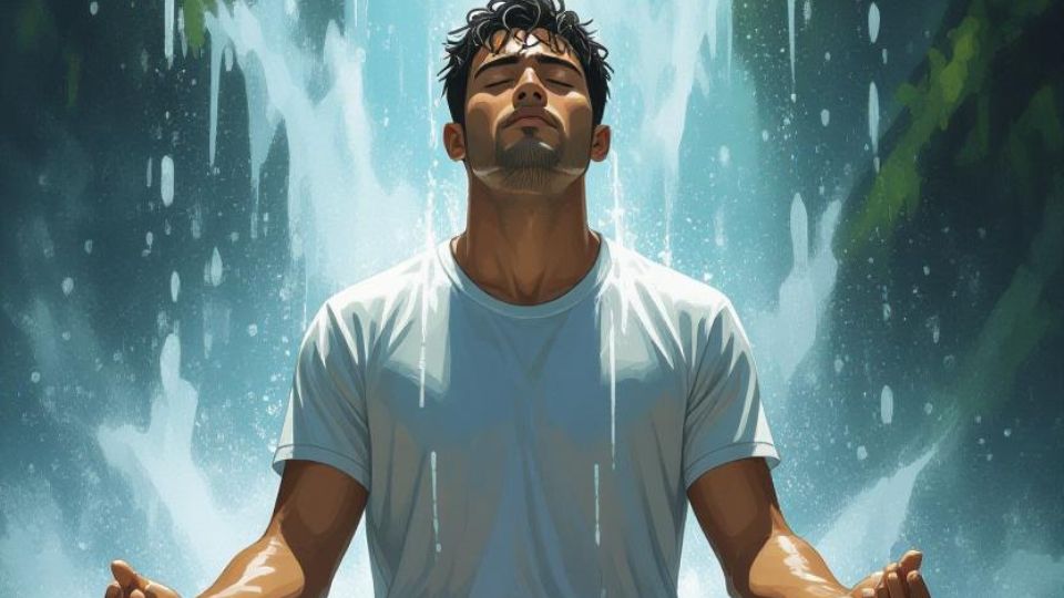 a man meditating near a waterfall