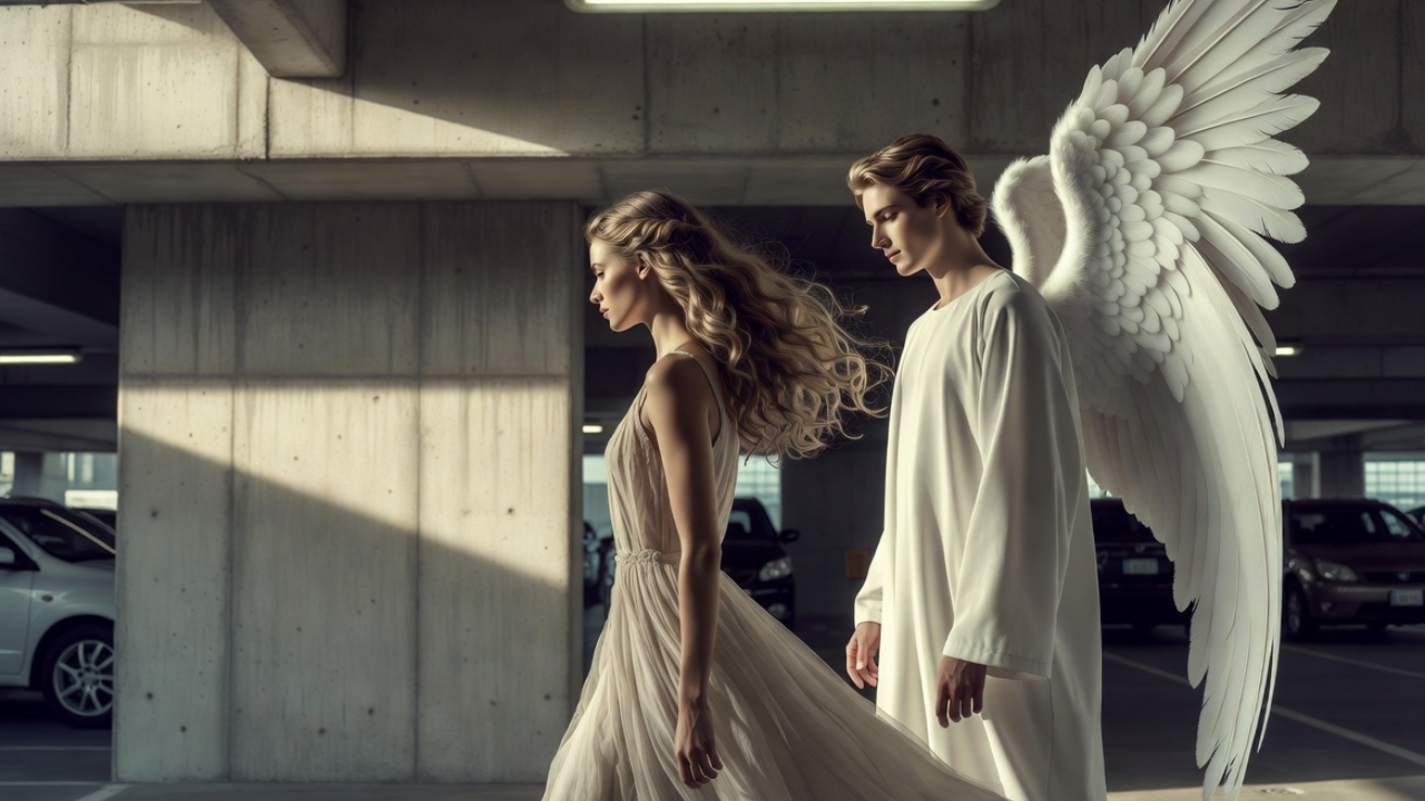A woman walking in a parking garage with an angel behind her