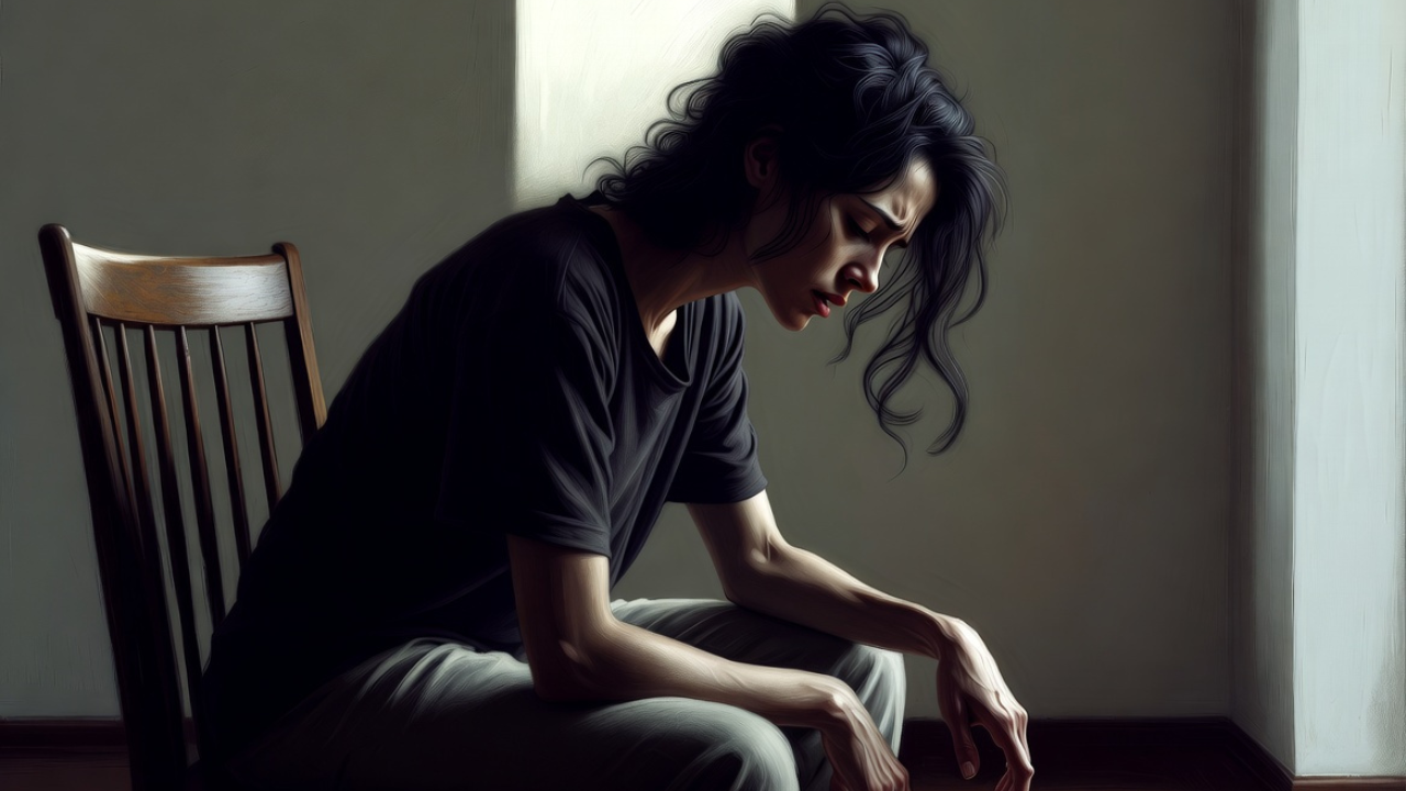  a woman sitting on a chair, resting on her elbows on her knees, tired