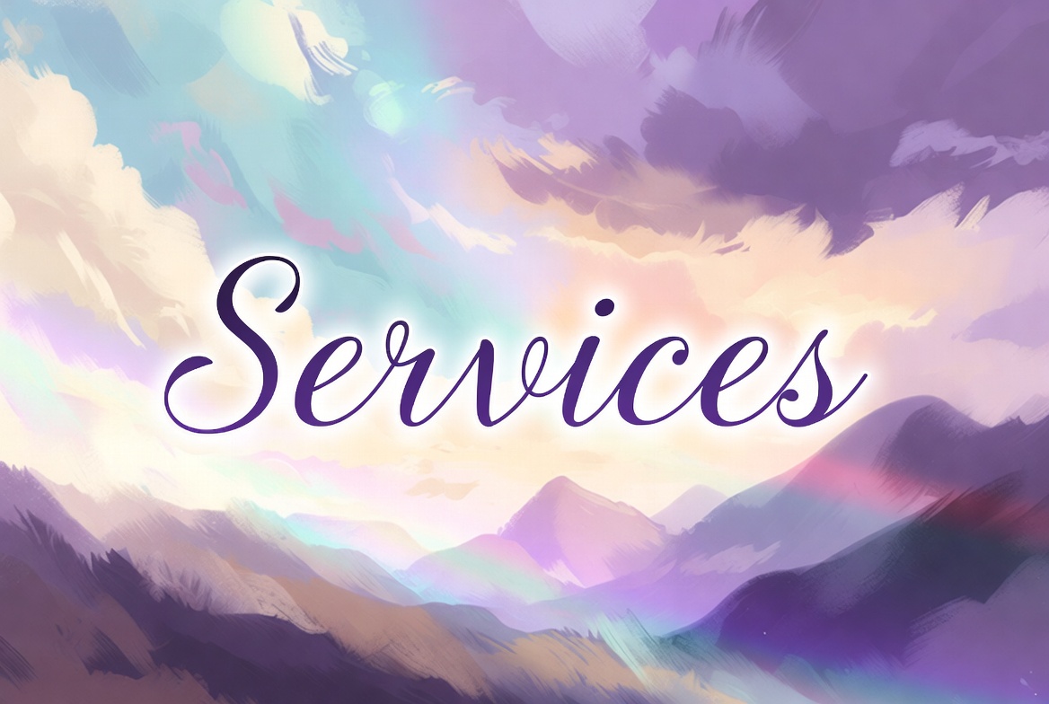 a mountain scene with purple colors that says Services