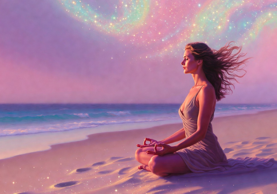 a dark haired woman meditating by a waterfall