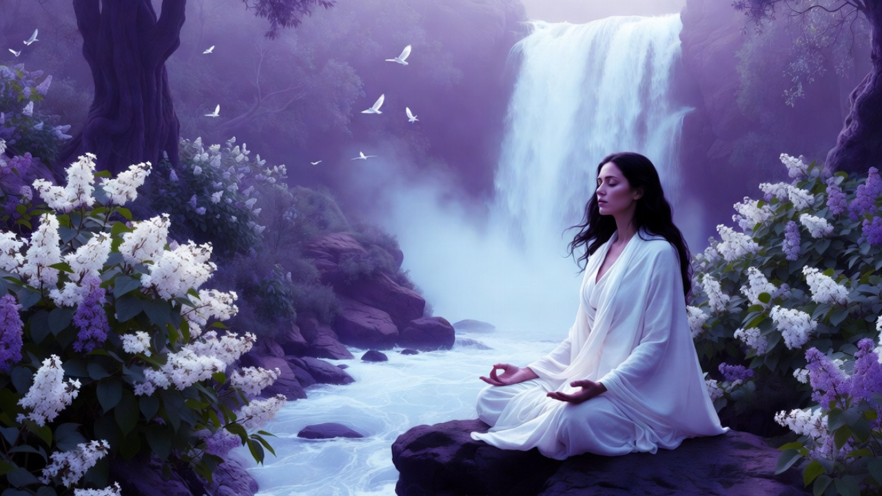 a dark haired woman meditating by a waterfall