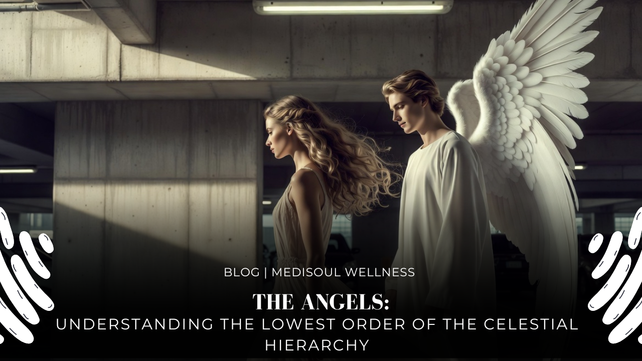 A woman walking in a parking garage with an angel behind her