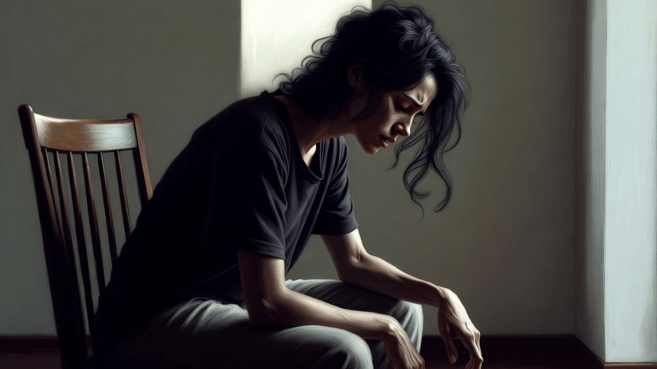 Woman sitting alone in a chair, head down, feeling the weight of not being enough